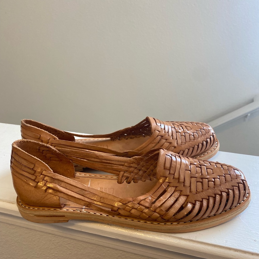Woven Leather Flats in Tan
